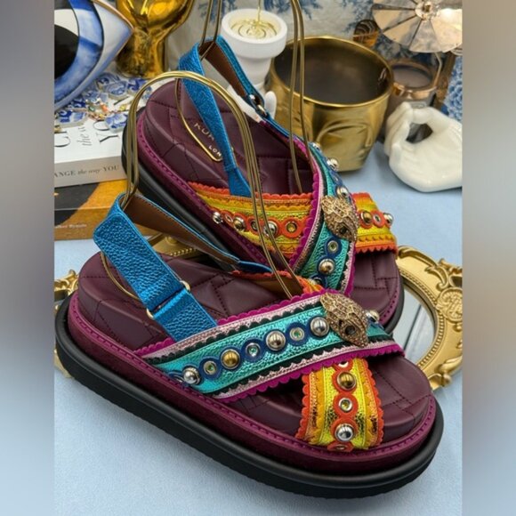 🆕 KURT GEIGER LONDON 🧿 NWOB Orson Cross Scallop Sandal Purple Multi Sz 37 US 7 - Picture 7 of 14